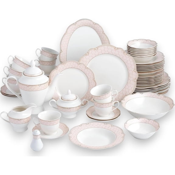 Bone China Dinnerware Set "Alexandra" 8-person 57-piece, Blush Pink and Gold Color