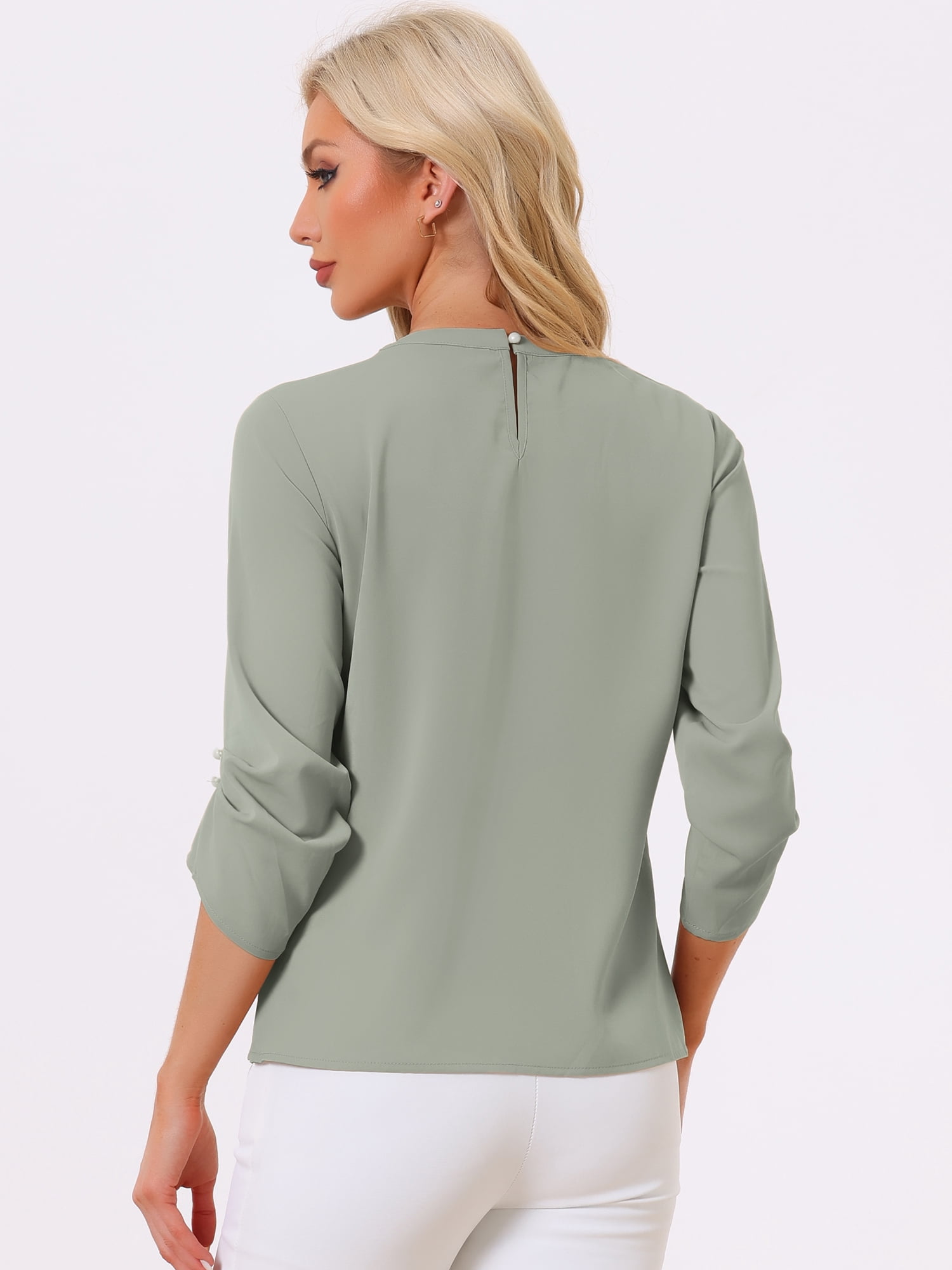 DARING DIVA Round Neck Keyhole Pleated Shirred Work Top M Gray