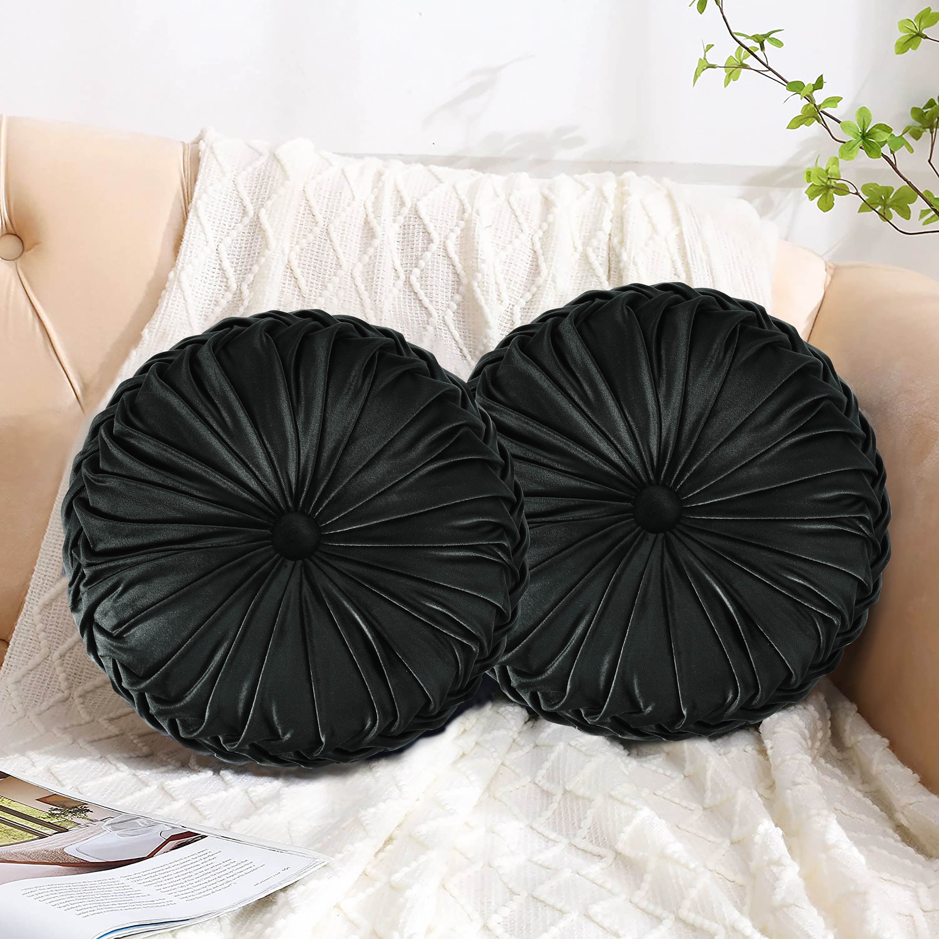 HIG Set of 2 Pumpkin Pleated Round Throw Pillows, Soft Velvet, Black, 14.5" Diameter