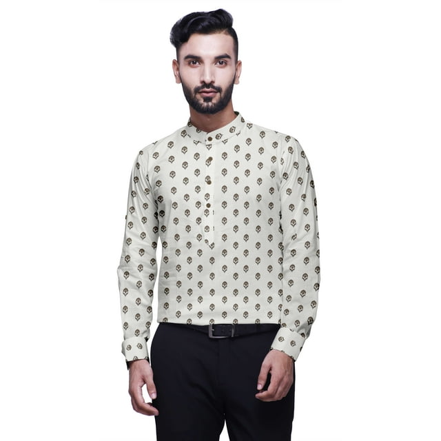 BESTMAN Kurta-Shirt Court pour Homme, Inde, Imprimé, Manches Longues Retroussables