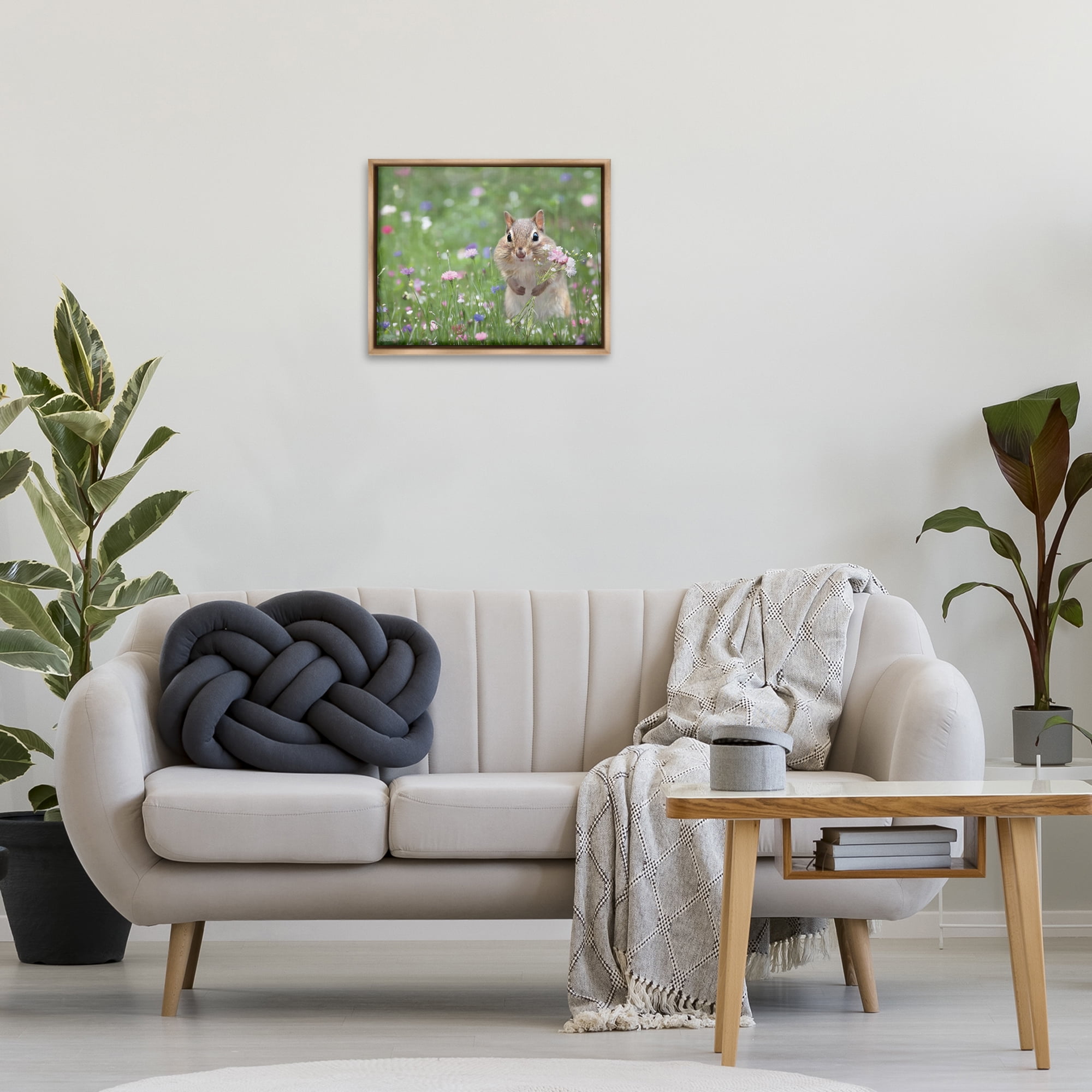 Stupell Industries Chipmunk Picking Flowers Animals & Insects Painting Brown Floater Framed Canvas Art Print Wall Art, 21 x 17