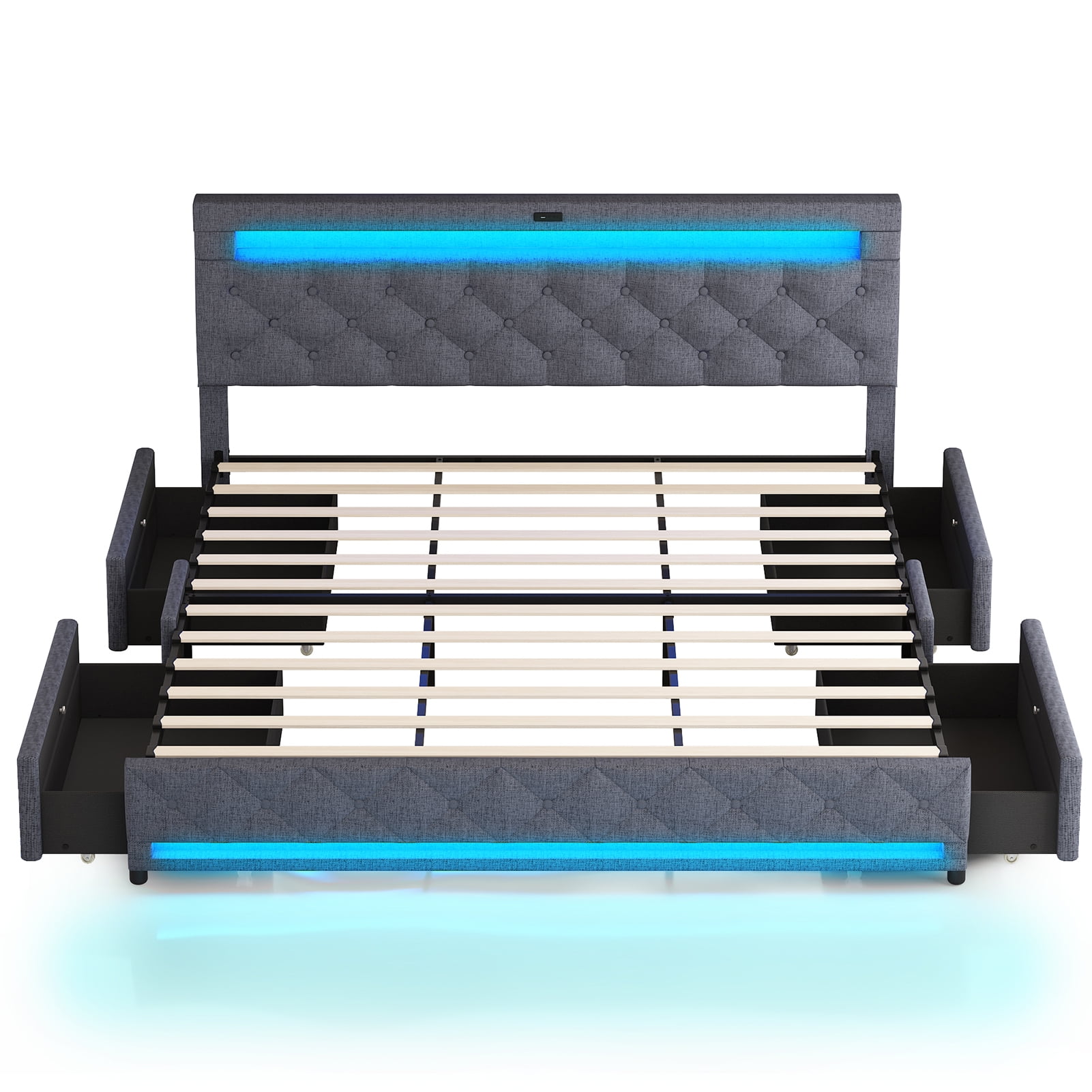 King Size Bed Frame with 4 Storage Drawers and 2 USB Ports, Platform Bed with LED Light, Modern Upholstered Headboard, No Box Spring Needed