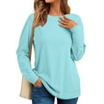 thumbnail image 5 of Women's Casual Fashion Solid Color Round Neck Long Sleeve Lightweight Pullover Sweatshirt with Side Pockets for Warm Comfort and Everyday Wear,Light Blue,3XL, 5 of 7