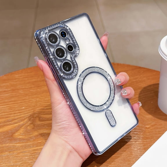 Compatible with Samsung Galaxy A13 5G Magnetic Phone Case,Diamond-embedded Frame Designing,With Lens Film,Bling Glitter Magnetic Ring,Shockproof Cute Bling Transparent Phone Case,Blue