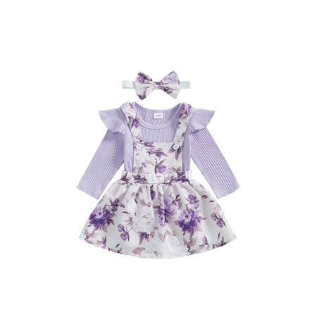 

Tsseiatte Baby Girls Fall Set Ribbed Long Sleeve Ruffled Trim Romper Floral Print Overalls Skirt Bow Headband Outfits