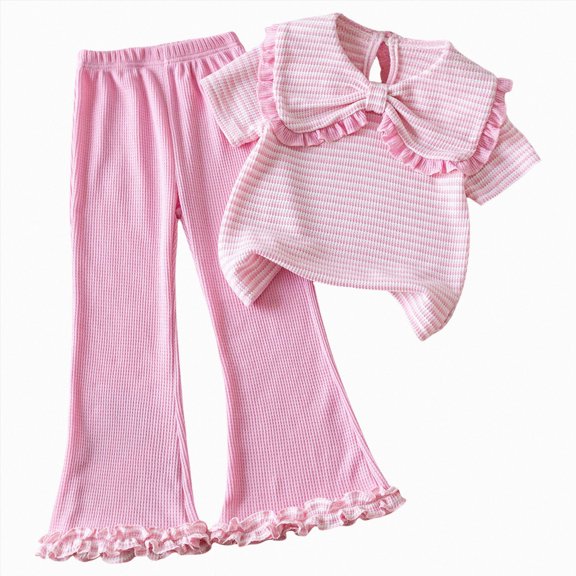 JUMEYU Girls 2 Piece Pants Set Girls 2 Piece Outfits Short Sleeve T-Shirt & Flared Pants Summer Clothing Set 5T 6T (Pink,5-6 Years)