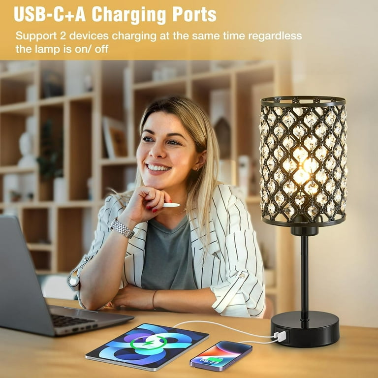 Crystal Table Lamp, Black Lamp for Bedroom Nightstand with USB C+A