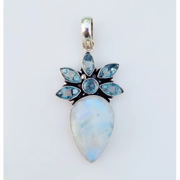 Moonstone Aquamarine Gemstone Pendant 925 Sterling Silver Handmade Jewelry 2.36"