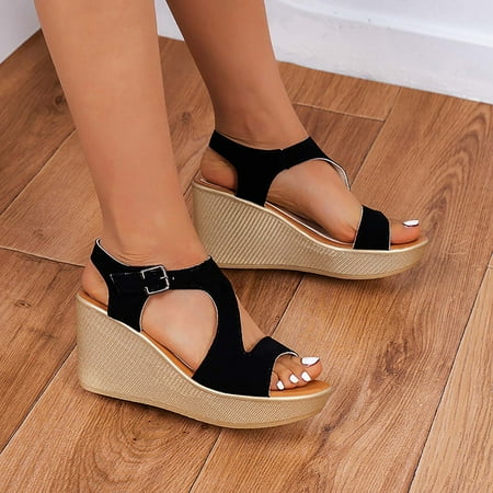 

Sunvit Women s Heeled Sandals- Casual Flock Wedge Heel Fish Mouth New Style Roman Summer Sandals #488 Black-8.5