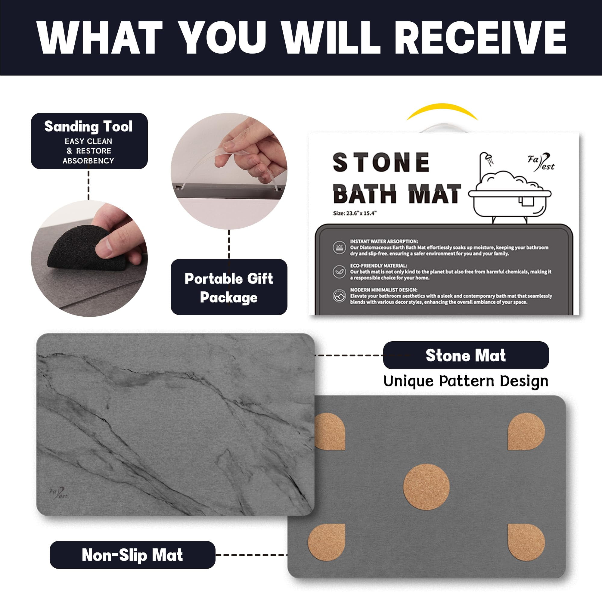Stone Bath Mat, Diatomaceous Earth Fast-Drying & Absorbent Shower Mat, Non-Slip Diatomite Bathroom Floor Mat for Bathtub(23.6''×15.4" Gray Marble)