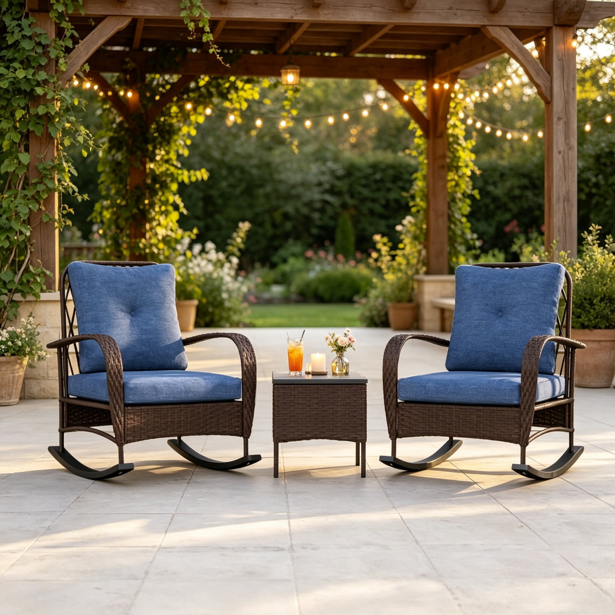 3-Piece Wicker Patio Furniture Set, Outdoor PE Rattan Rocking Chairs with Coffee Table & Plush Cushions, Brown