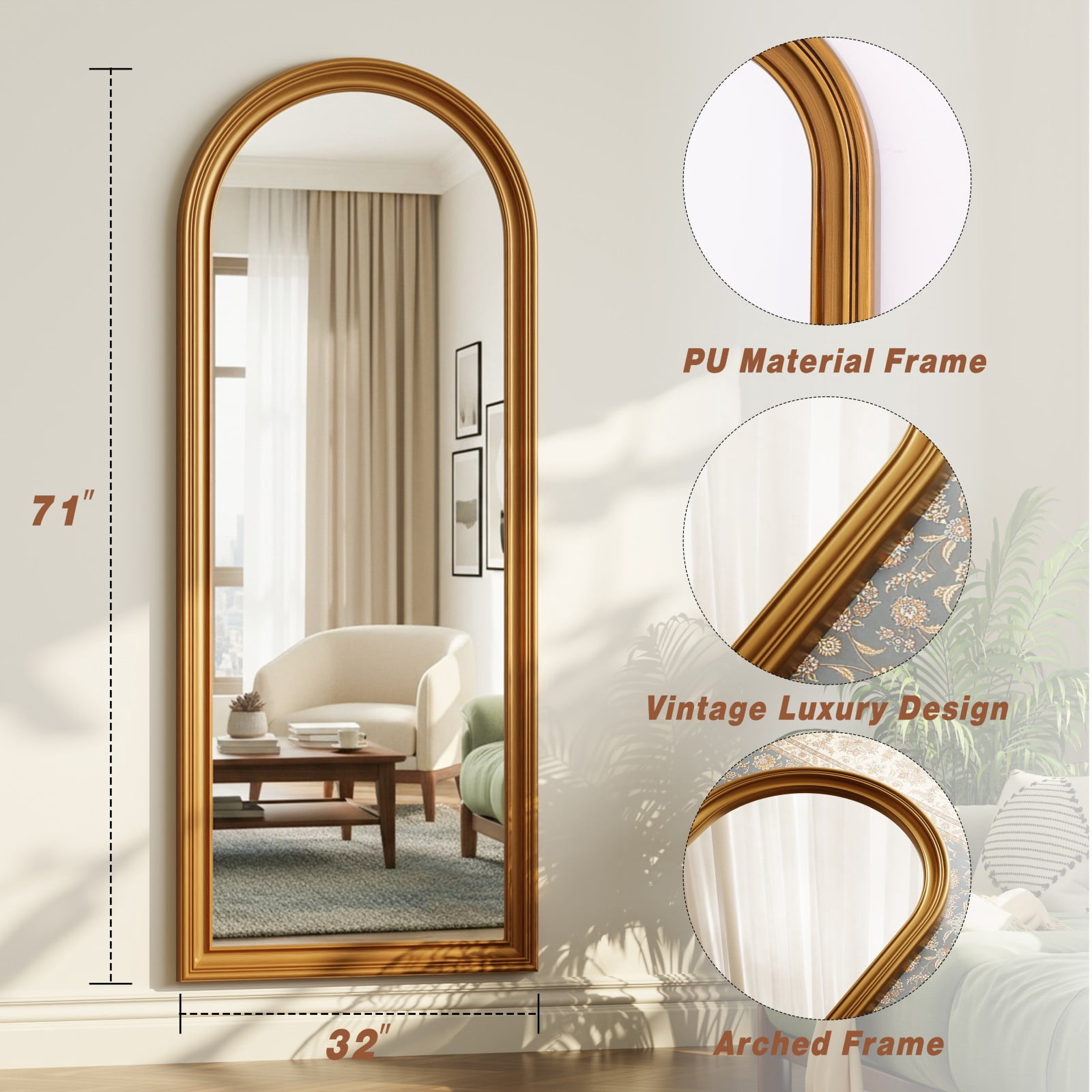 SHATTERVIEW 71"x32" Arched Full Length Mirror Floor Mirror Vintage Mirror, Antique Gold