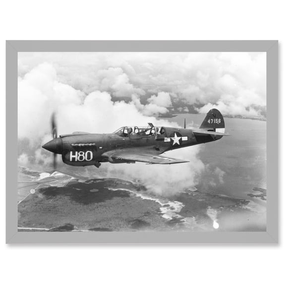 War Military Vintage US Airforce Fighter Plane Black White P-40 Artwork Framed Wall Art Print A4