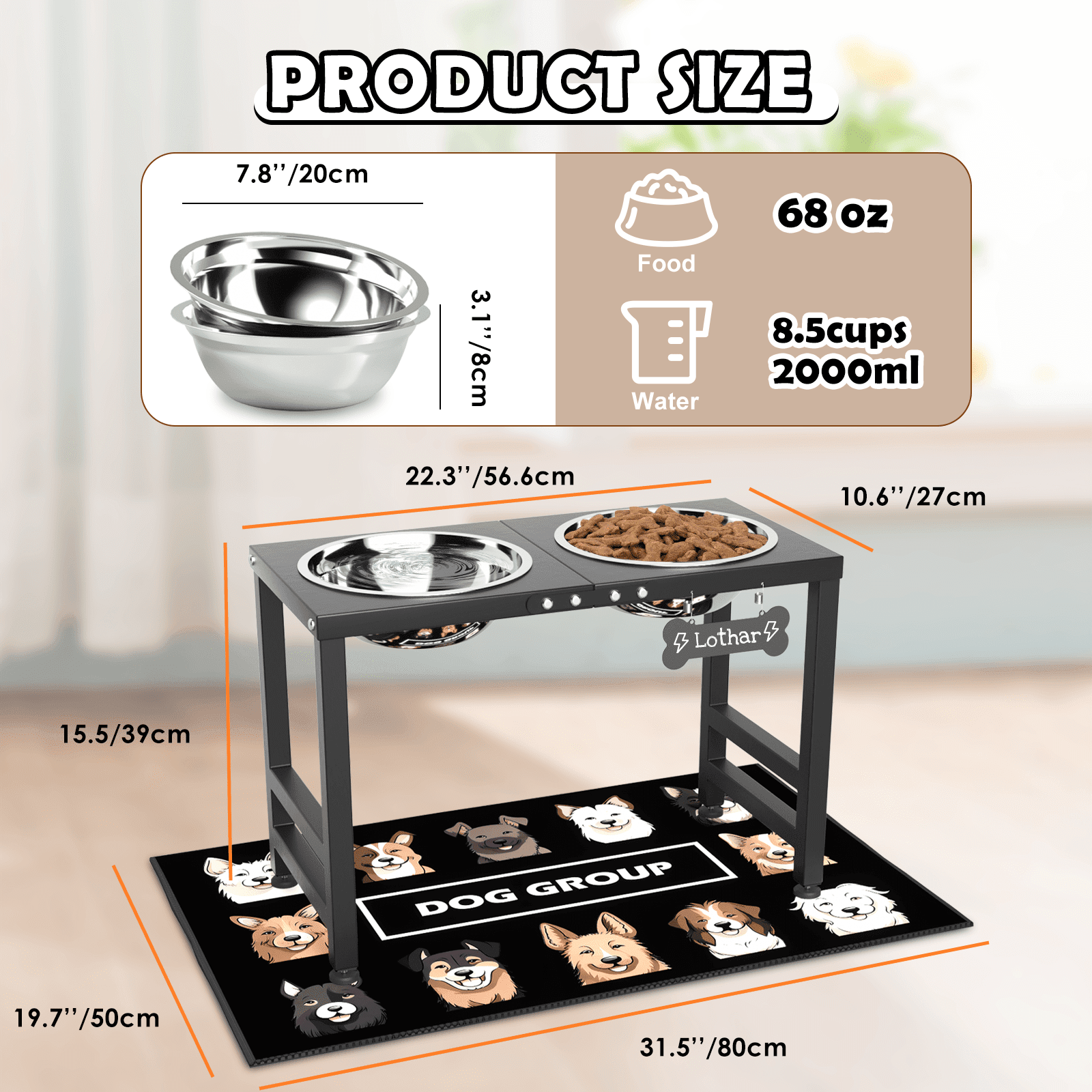 SHAINFUN Metal Raised Dog Bowl Stand for Large Dogs with 2000ml(68oz) Bowls Anti Spill Mat Bone Nameplate Pen For Large Dogs