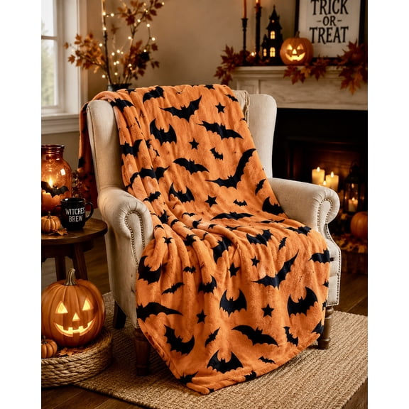 Serafina Home Halloween Throw Blanket: Soft Black Bats Silhouette on Orange Velvet Fleece for Sofa Bed Couch Chair Dorm