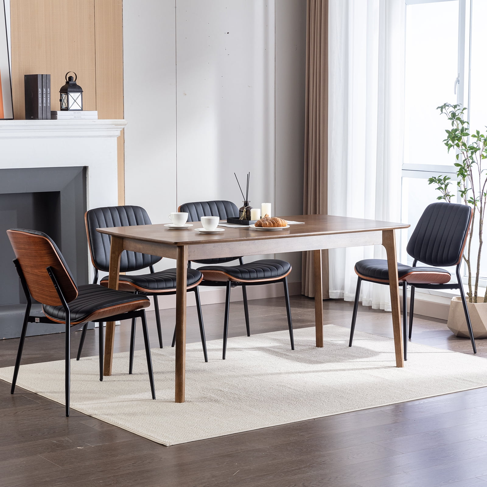 Mid Century Modern Dining Chairs Set of 6, Black Kitchen & Dining Room Chairs Set of 6, Upholstered PU Leather Kitchen Chairs for Dining Table, Sillas de Comedor, Metal Leg, Walnut Back(Black, 6 Pcs)