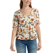 Women's Top Knit Floral-Print V-Neck Ruffle XS