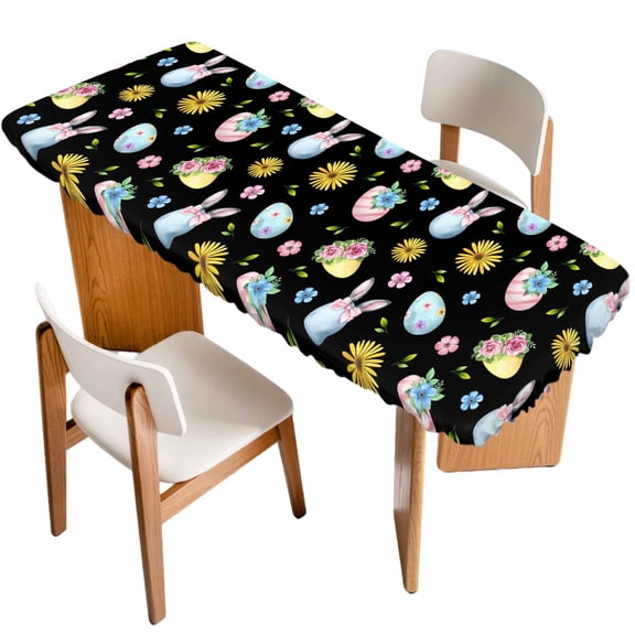 Easter Table Cloths for 8 Foot Rectangle Tables, Spring Watercolor Bunny Eggs Flowers Black Patio Waterproof Elastic Fitted Tablecloths, Washable Rectangular Table Cover for Camping