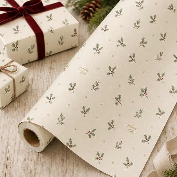 Christmas Gift Wrapping Paper Roll Holly Sprig Paper for Holiday Presents and Seasonal Gift Giving