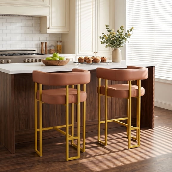 LUFTUT Set of 2 Velvet Counter Height Bar Stools, Modern Gold Metal Frame Kitchen Island Chairs with Curved Backrest, Upholstered Seat, Footrest for Home Bar