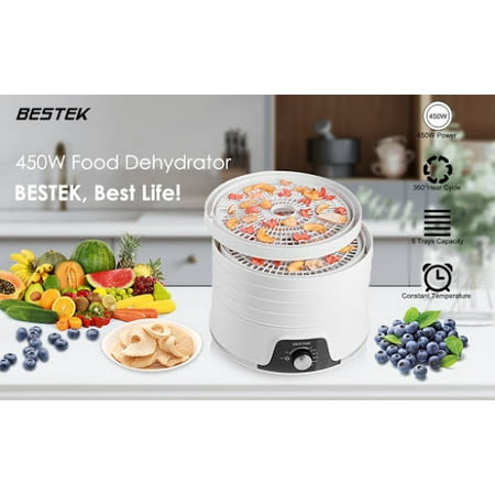 BESTEK Food Dehydrator Machine, Electric Fruit and Vegetable Dryer with Adjustable Temperature Control Includes 5 Stackable Trays