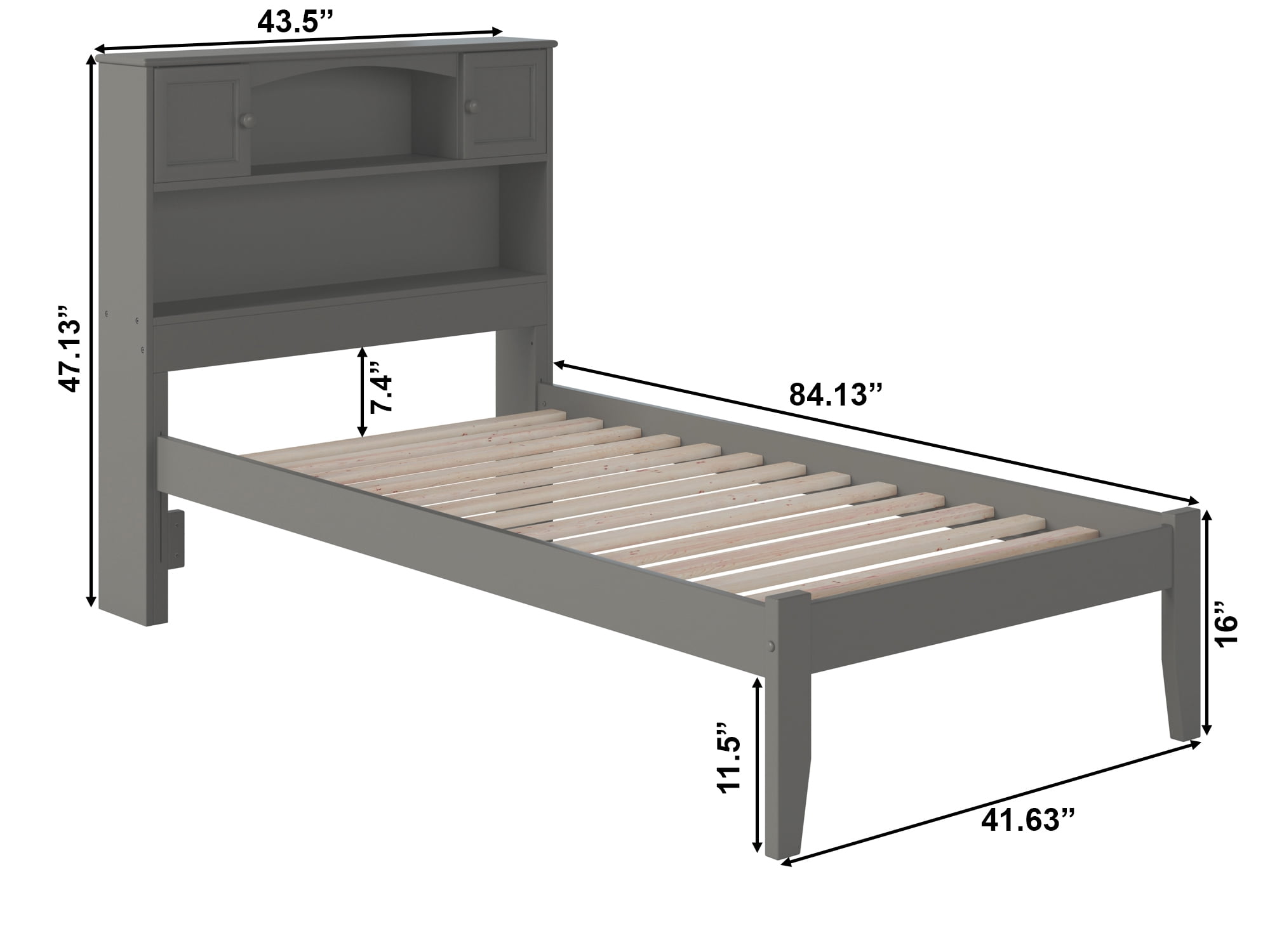 AFI Newport Twin Solid Wood Platform Bed with Storage Headboard, Grey