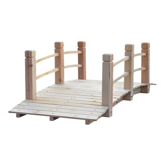 5 ft Wooden Garden Bridge Arc Footbridge with Railings - Natural Wood Backyard Decor