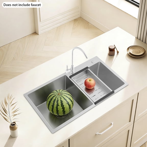 Double Basin 201 Stainless Steel Kitchen Sink, 30.7" Modern Rectangle Sink with Drainboard & Faucet Holes