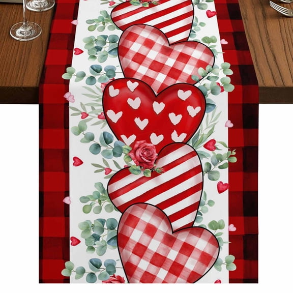 Table Runners 72 Inches Long Dress Scarves, Valentine's Day Farmhouse Kitchen Table Runner, Coffee Tablerunners, Love Heart Eucalyptus Black Red Plaid 18x72 Inch