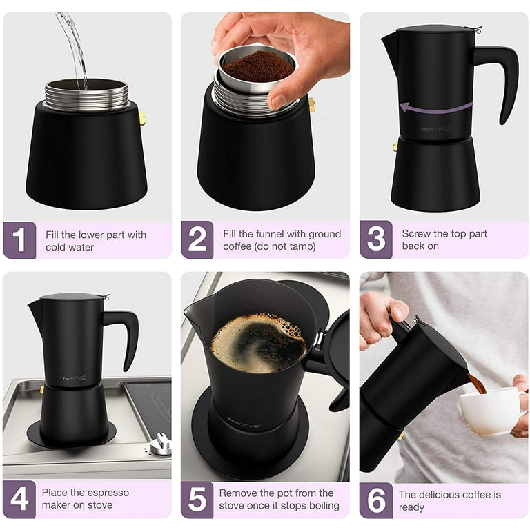 bonVIVO Intenca Stovetop Espresso Maker Luxurious Italian Coffee Machine Maker Stainless Steel Espresso Maker Full Bodied Coffee Espresso Pot For 5 6 Cups 10 oz Moka Pot Black Finish Walmart