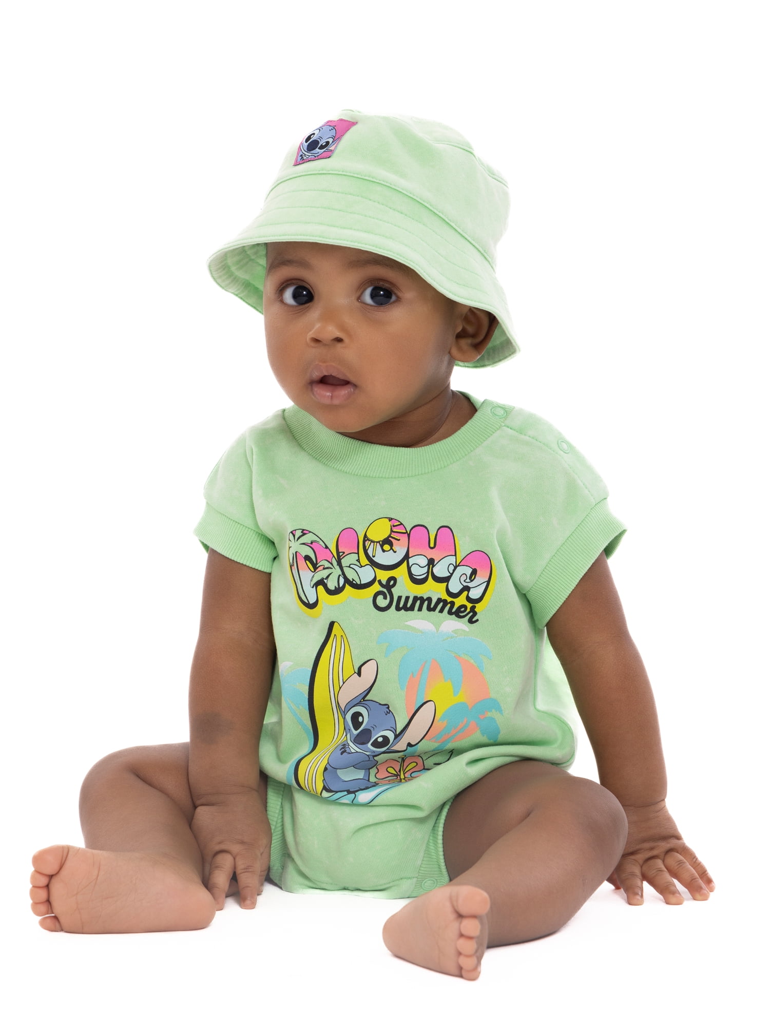 Disney Lilo & Stitch Baby Girls Sleeveless Graphic Romper with Matching Bucket Hat, 2-Piece Set, Sizes 0-3 Months- 24 Months