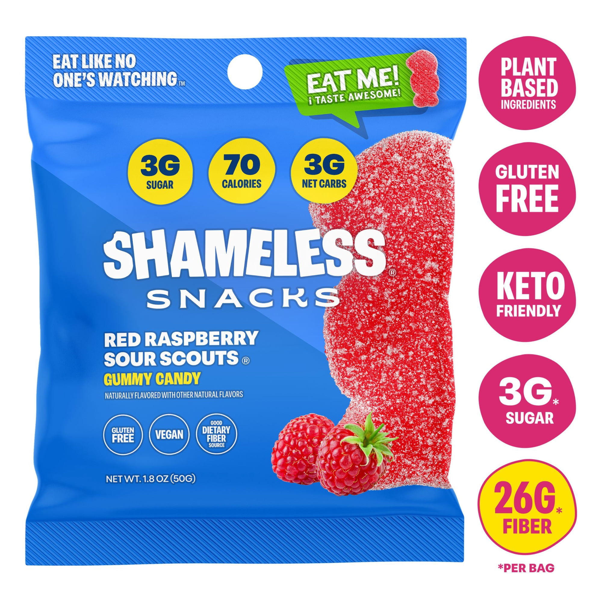 Shameless Snacks Red Raspberry Sour Gummy Candy, Low Calorie Keto Friendly High Fiber Low Sugar Healthy Candy, Gluten Free, 1.8 oz Bag
