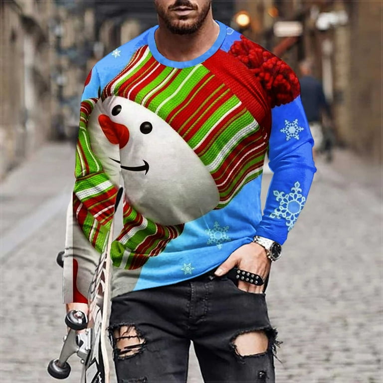 Vsssj Shirts for Men Big and Tall 3D Snowman Digital Print Long Sleeve Round Neck Pullover Tshirts Casual Christmas Stretchy Outdoor Streetwear Blue L