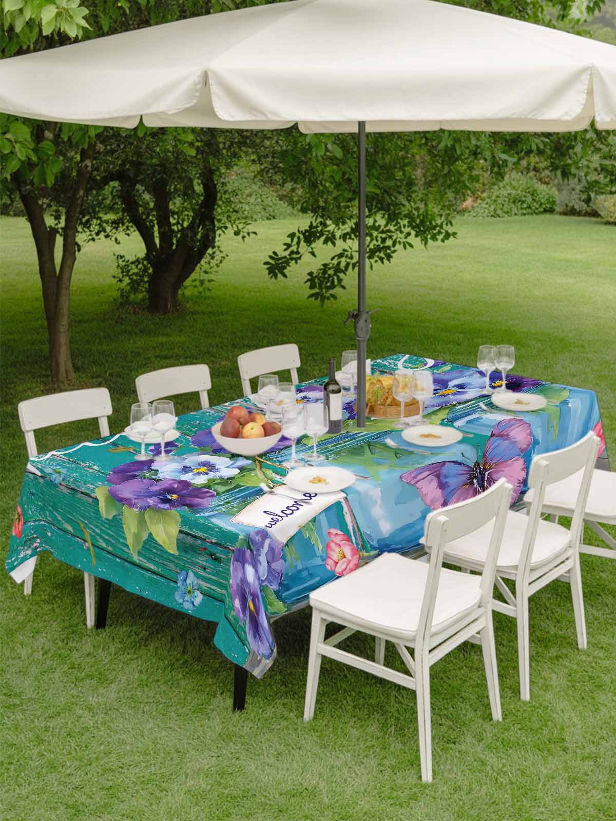 Hello Spring Outdoor Tablecloth - 60x120 Inch Rectangle Dining Table Cover, Pastoral Purple Bottle Floral Dark Green Wood Waterproof Outdoor Table Cloth with Umbrella Hole & Zipper for Picnic/Patio