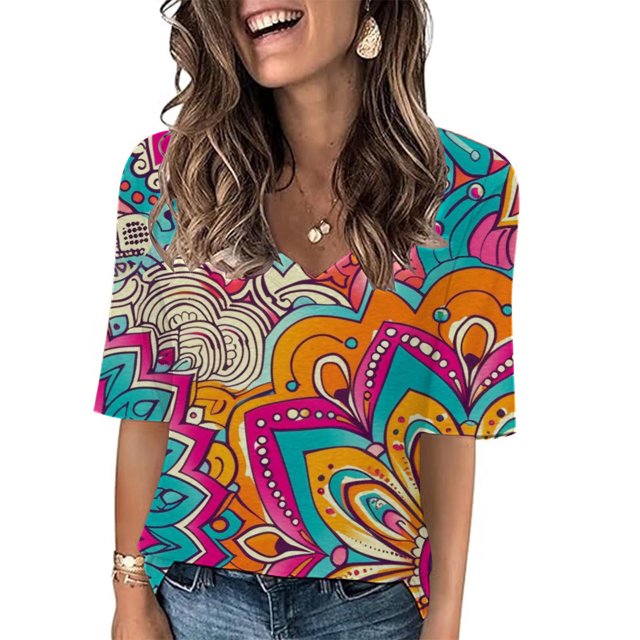 Fiudx Liquidación de Ahorros de Verano Camiseta de Manga Corta con Cuello En V Estampada Informal a La Moda para Mujer