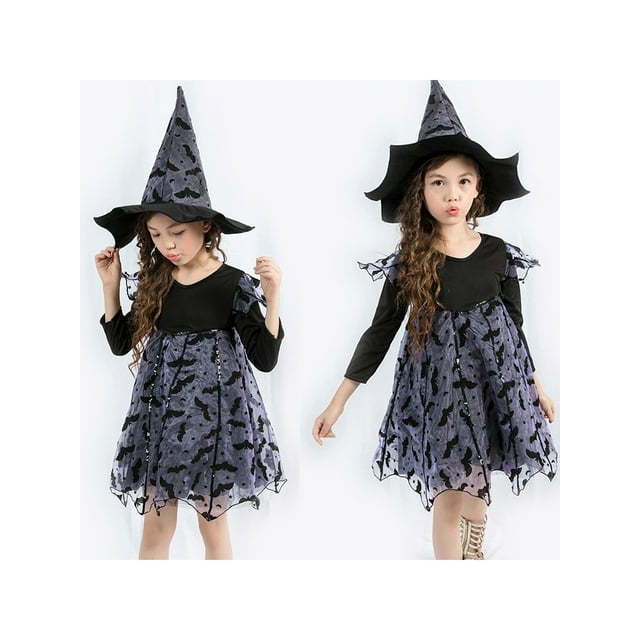 SUNSIOM Costume de Sorcière Petite Fille Halloween Manches Longues Col Rond Imprimé Chauve-Souris Robe Patchwork en Tulle avec Chapeau