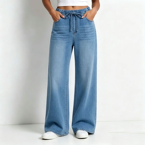Women's Wide Leg Denim Jeans, Drawstring Elastic Waist, Side Hand Pockets, Soft Light‑wash Denim for Daily Weekend Going‑out Scenarios, Wide Leg Jeans Light Blue XXL