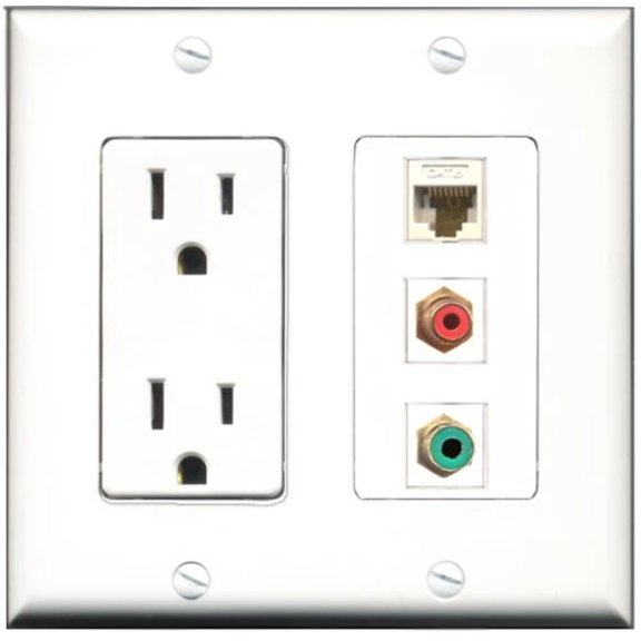 RiteAV - 15 Amp Power Outlet 1 Port RCA Red 1 Port RCA Green 1 Port Cat6 Ethernet Ethernet White Decorative Wall Plate