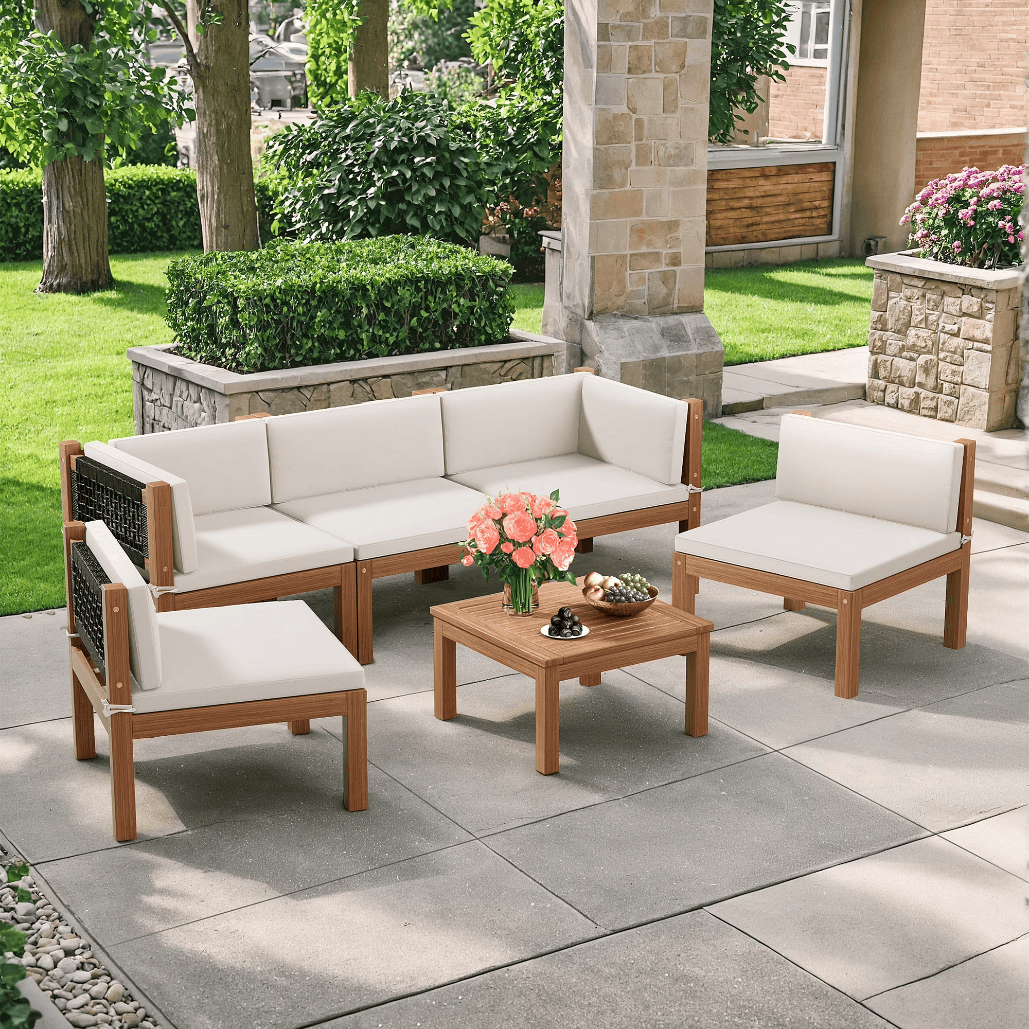 Homall 5-Seat Pieces Patio Conversation Set Acacia Wood Outdoor Furniture Set, White