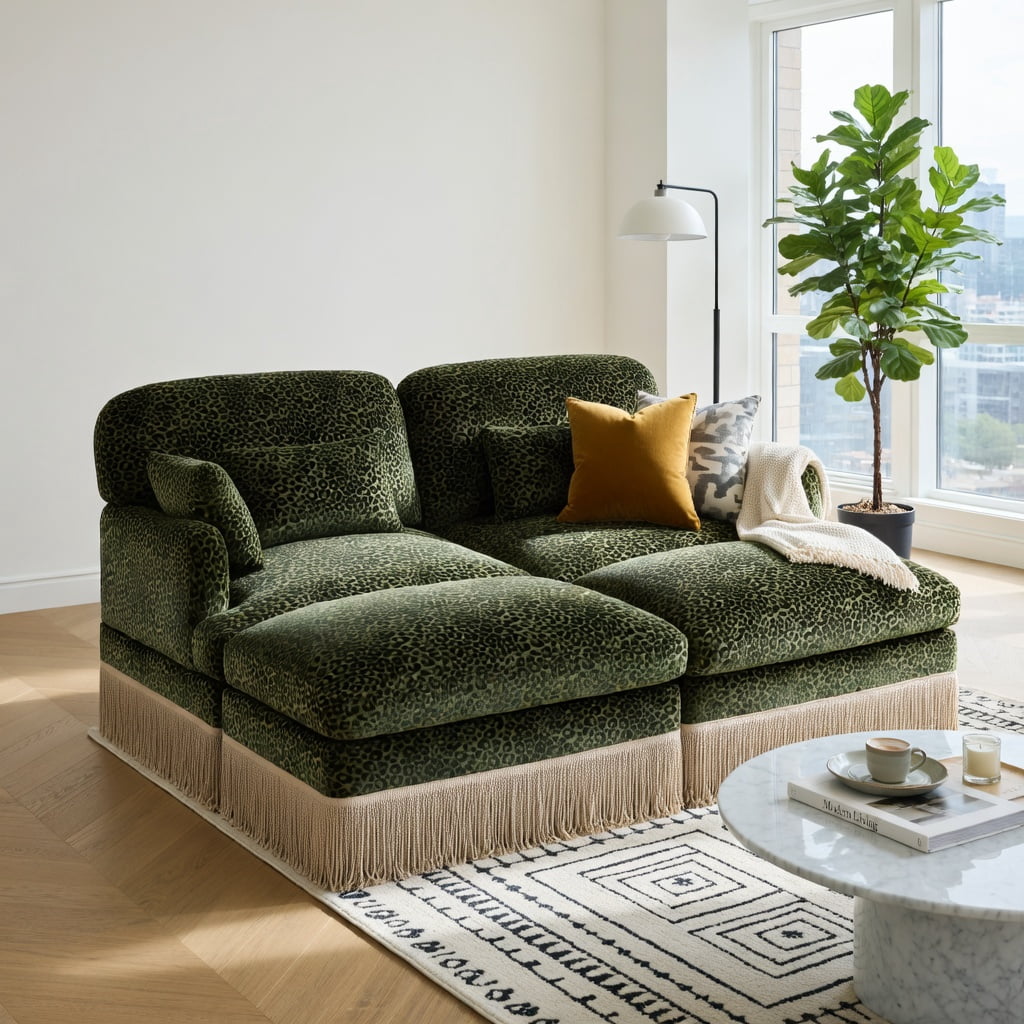 Hommoo Modern Leopard Print Chenille Loveseat Sofa with Movable Ottomans, 2-Seat Deep Seat Couch, Tassel Trim, Ergonomic Support & Easy Assembly for Living Room, Green Black