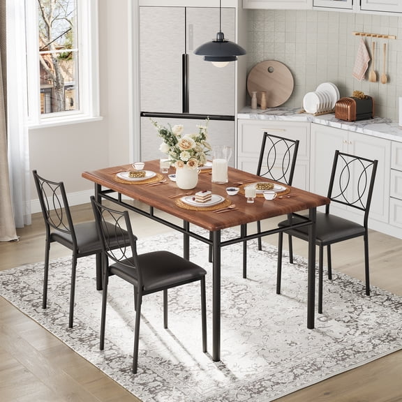 5-Piece Dining Table Set for 4, Space Saving Kitchen Table and 4 Upholstered Chairs, Sturdy Steel Frame, Ideal for Small Apartments, Dining Room, or Breakfast Nook, Walnut