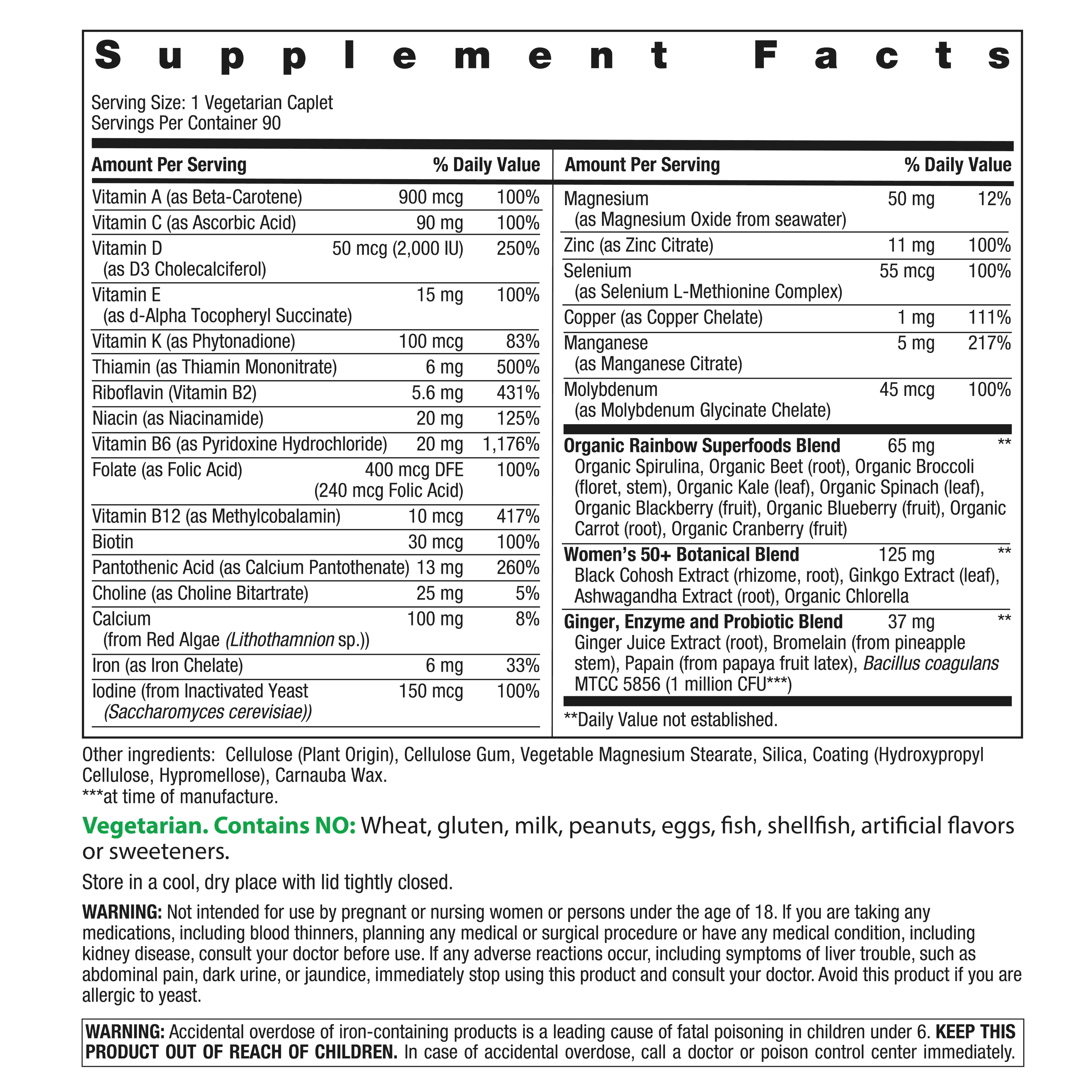 Women's One 50+ Multivitamin | with Probiotics | 90 Vegetarian Caplets | by Rainbow Light