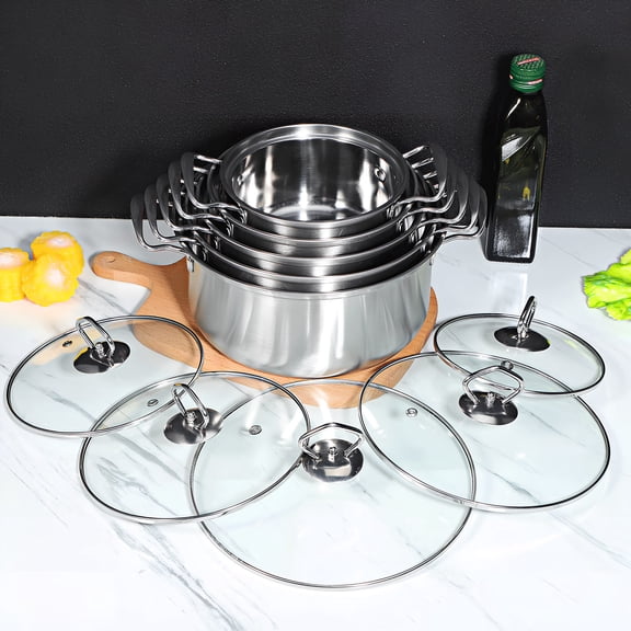 LOLIPPYY 5-Piece Stainless Steel Cooking Pot Set with Glass Lids and Double Handles for Stewing and Cooking