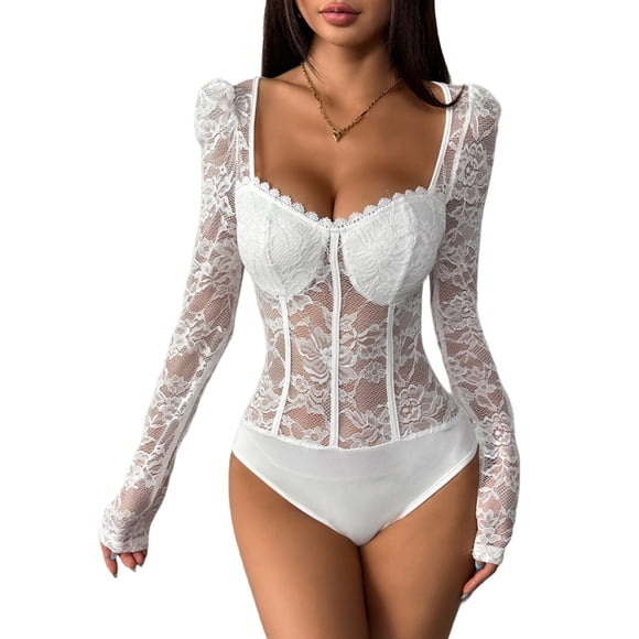 Women'S Sheer Floral Lace Long Sleeve Bodysuit Top Sweetheart Neck Bodysuit White M