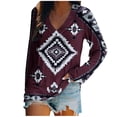 thumbnail image 2 of PNTUTB Women's Ethnic-Print V-Neck Long Sleeve Pullover Loose Fit Comfortable Casual Top, 2 of 5
