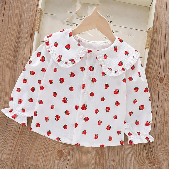 Nrmvnmi Toddler Girls Long Sleeve T-Shirt Cute Strawberry Graphic Print Ruffle Tops Tee Doll Collar Button Shirts Casual Loose Comfortable Fall Clothes Turndown Shirt For 3-10 Years Girls