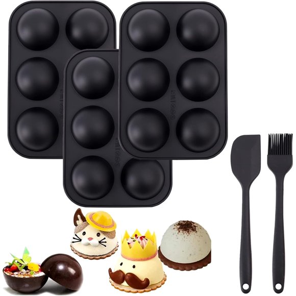 Silicone Mold for Hot Chocolate Bomb And Cocoa Bomb 3 Pack 6-Cavity Semi Sphere Bomb Mold Baking Mold for Making Chocolate, Cupcake, Jelly, Dome Mousse, With Bonus Brush and Spatula (Black)