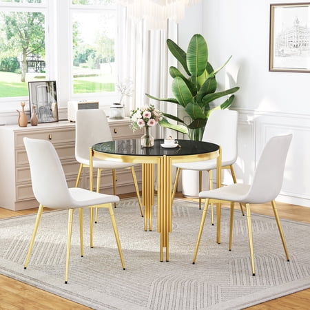 Modern Round Glass Dining Set for 4 Modern Irregular Stainless Steel Legs and Velvet Cushioned Chairs for Kitchens Living Rooms Small Bar