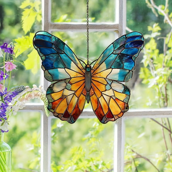 Colorful Butterfly Acrylic Suncatcher ? Faux Stained Glass Window Hanging, Garden Nature D‚cor Gift