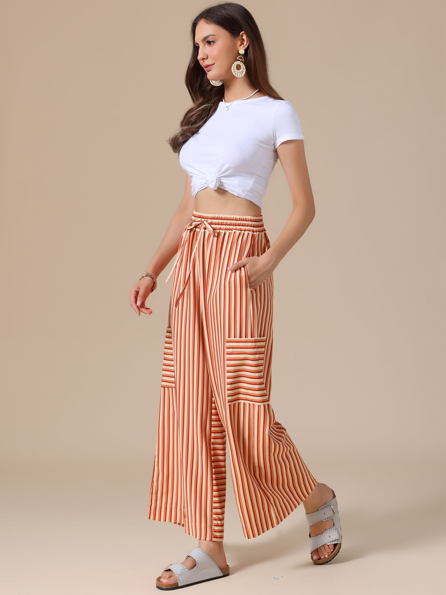 DARING DIVA Women's Striped Palazzo Lounge Pants Small Orange